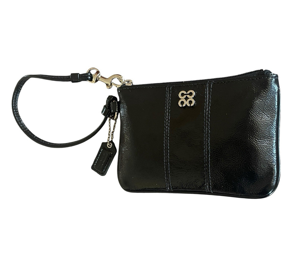 COACH 46810 Small Black Patent Leather Silver Wristlet Top Zip + Bag Tag